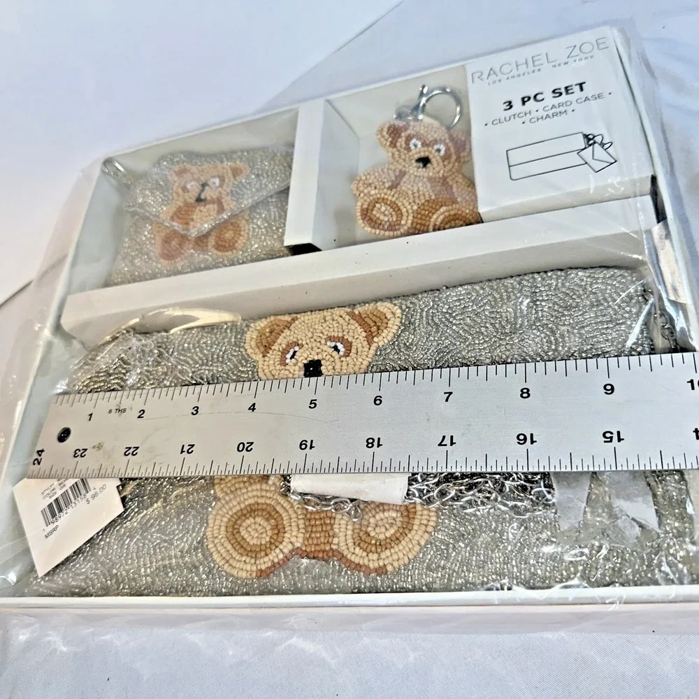 Rachel Zoe Beaded Teddy Bear 3 PC Gift Set Silver Clutch Card Case Bag Charm NIB